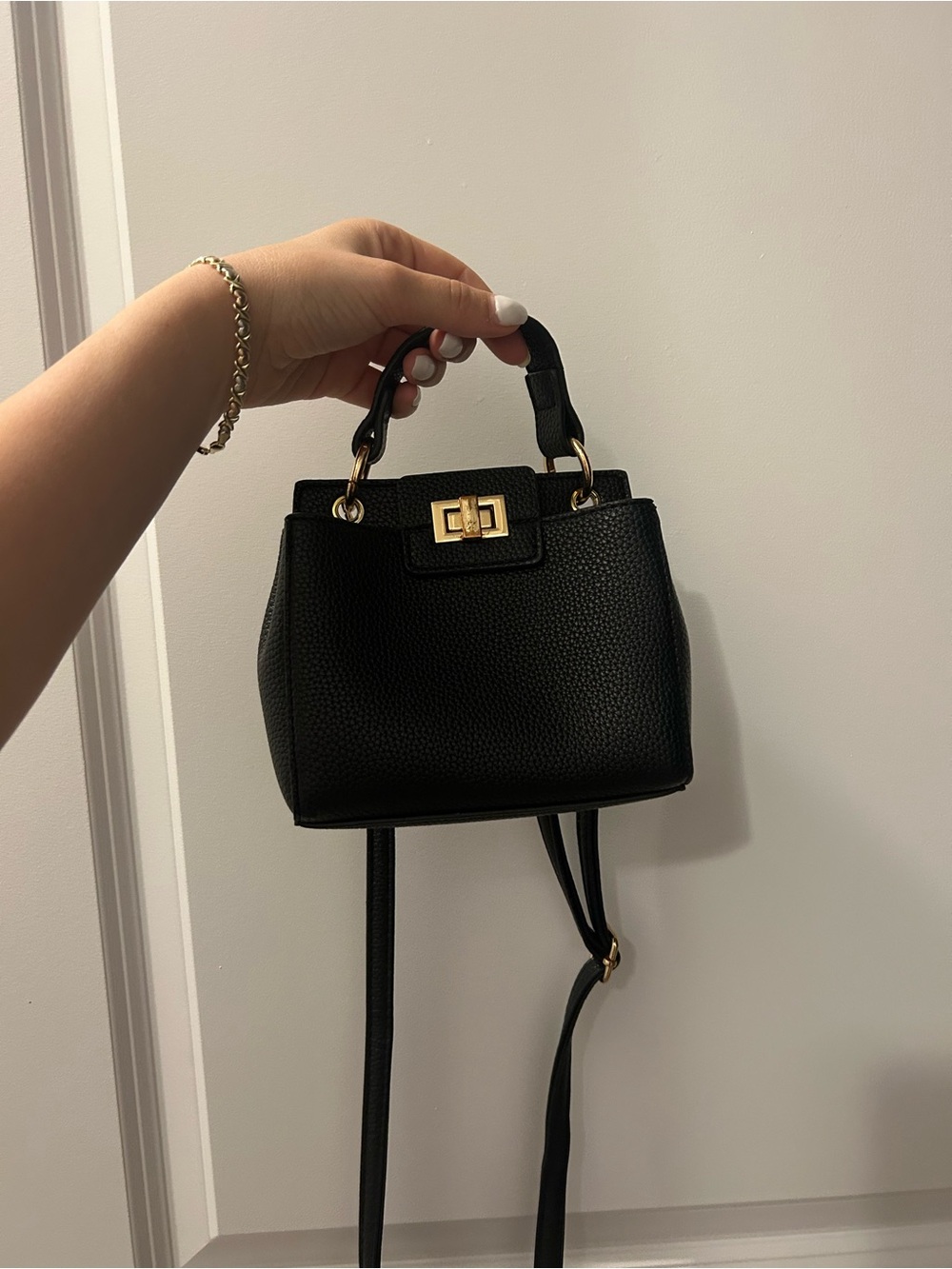Black Mini Top Handle Crossbody Bag with Gold Hardware